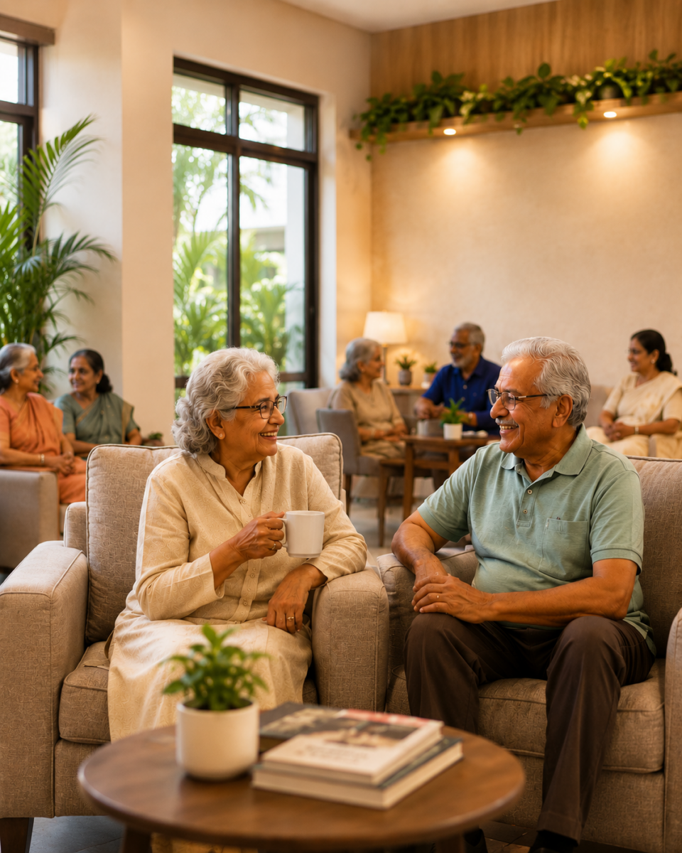 Smiling elderly Indian couple sitting together in a modern retirement home lounge, enjoying tea and conversation, with other senior residents socializing in a warm, comfortable, and welcoming environment filled with natural light and indoor plants.